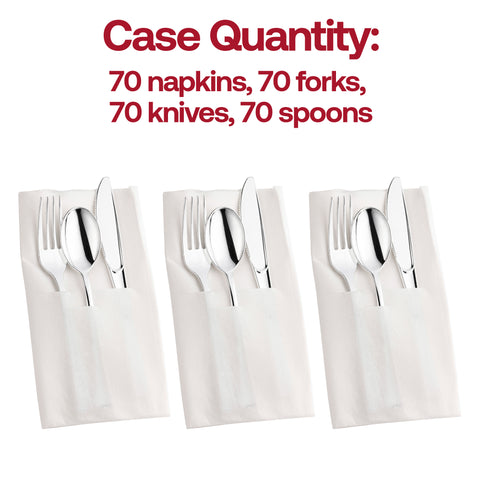 Silver Disposable Plastic Cutlery in White Pocket Napkin Set - 7 Napkins, 7 Forks, 7 Knives, and 7 Spoons
