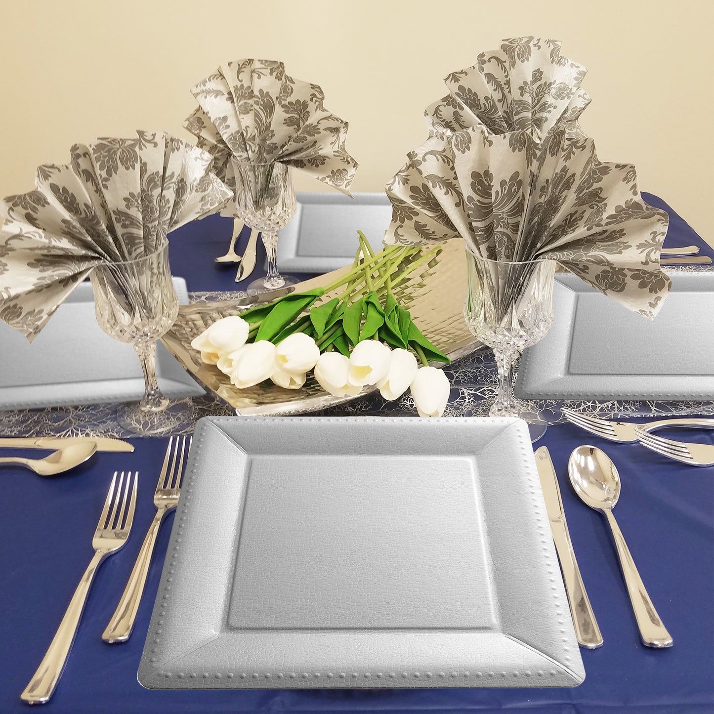 Silver Square Edge Beaded Paper Disposable Charger Plates (13")