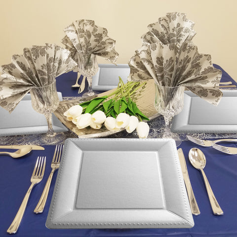 Silver Square Edge Beaded Paper Disposable Charger Plates (13