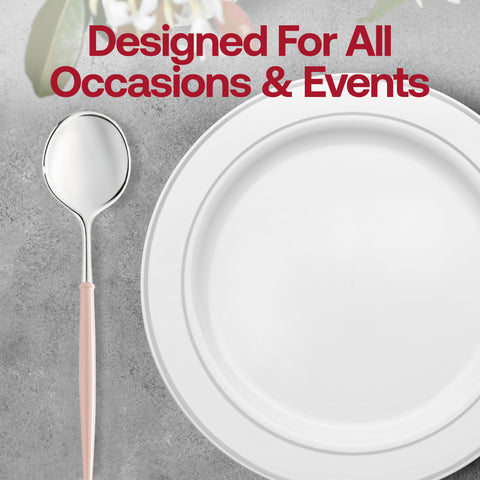 Silver with Pink Handle Moderno Disposable Plastic Dinner Spoons Lifestyle | The Kaya Collection