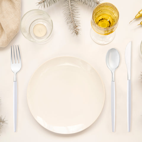 Shiny Silver with White Handle Moderno Disposable Plastic Dinner Knives