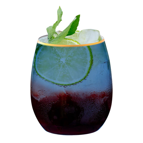 12 oz Clear Blue with Gold Elegant Stemless Plastic Wine Glasses