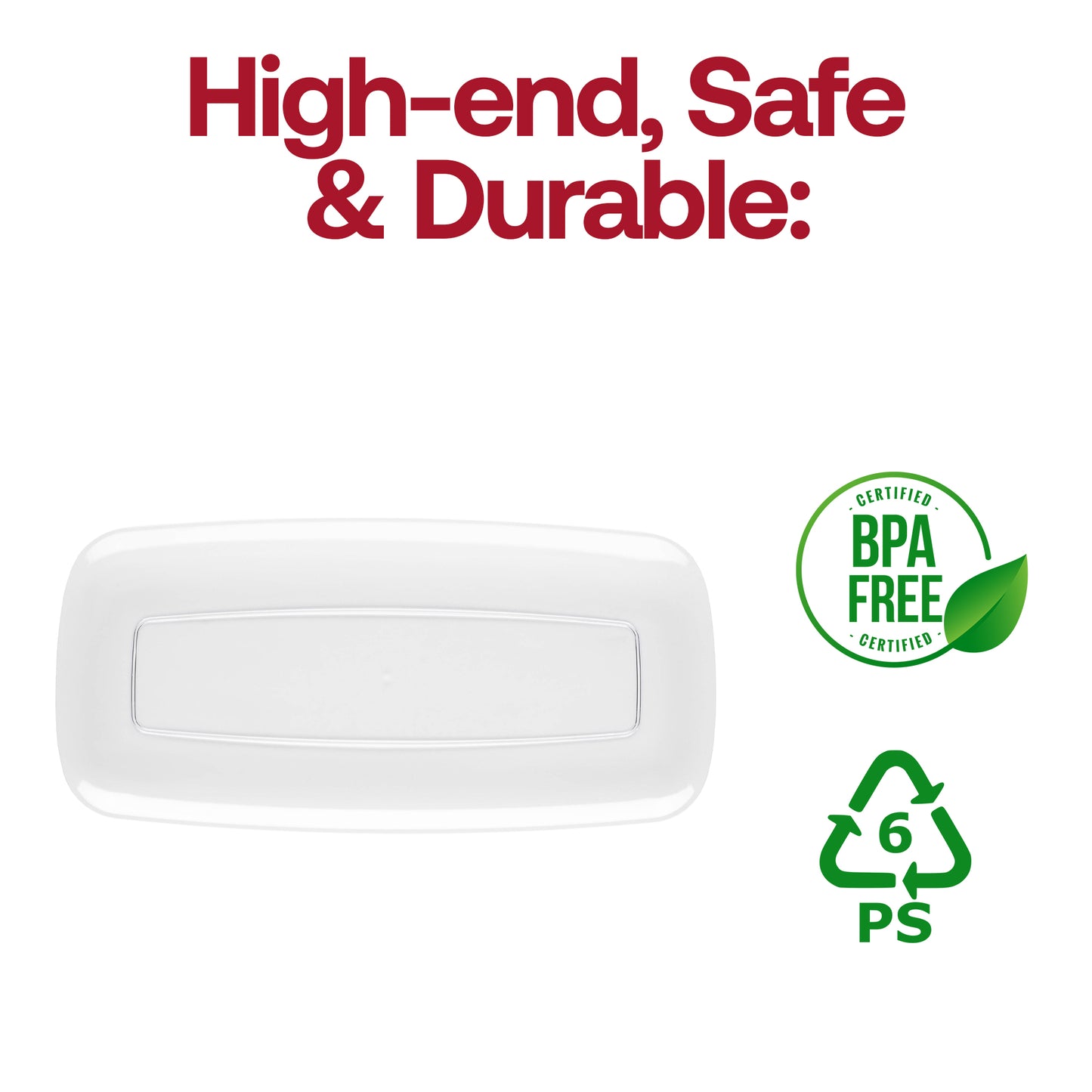 Solid Clear Flat Raised Edge Rectangular Plastic Plates (10.6" x 5")