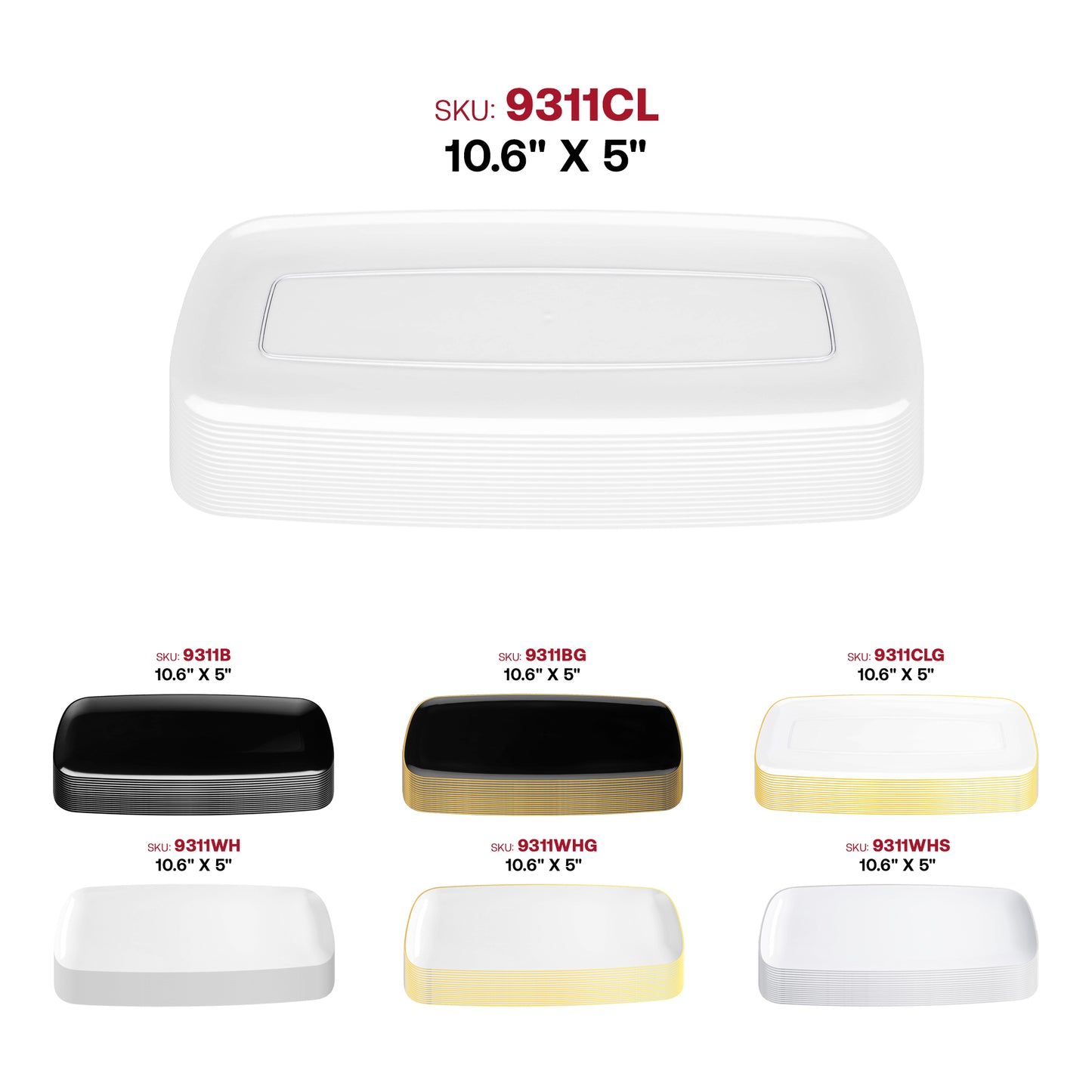 Solid Clear Flat Raised Edge Rectangular Plastic Plates (10.6" x 5")