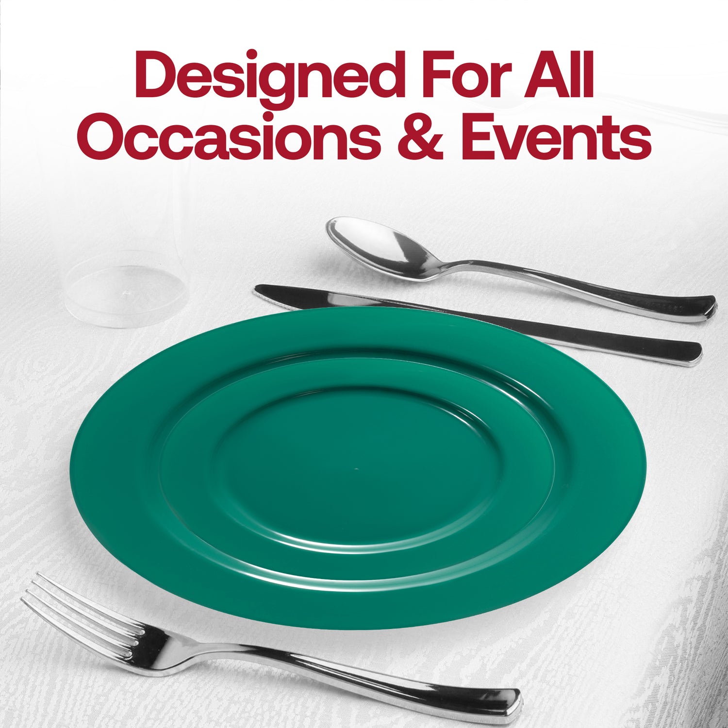 Solid Green Holiday Round Disposable Plastic Dinner Plates (10.25") Lifestyle | The Kaya Collection