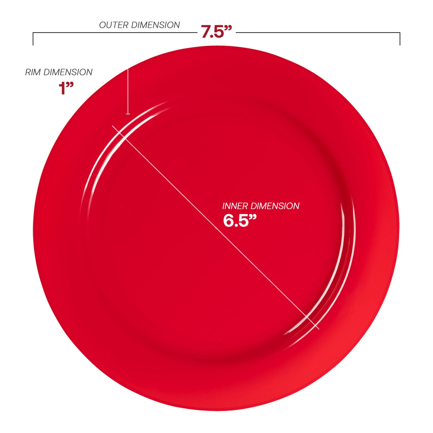 Solid Red Holiday Round Disposable Plastic Appetizer/Salad Plates (7.5") Dimension | The Kaya Collection