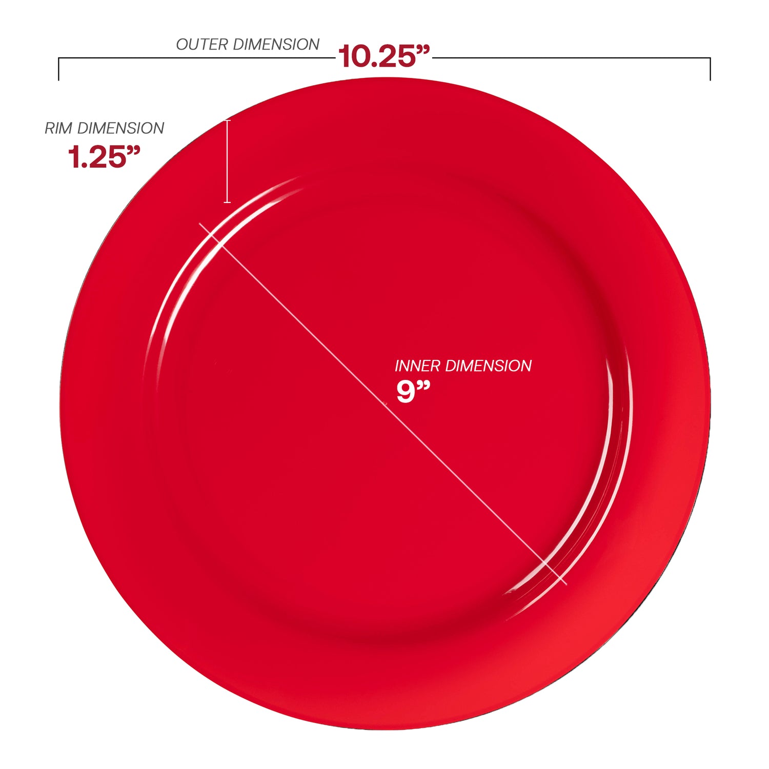 Solid Red Holiday Round Disposable Plastic Dinner Plates (10.25") Dimension | The Kaya Collection