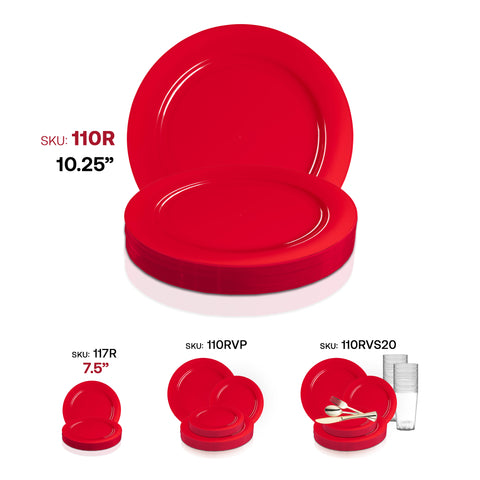 Solid Red Holiday Round Disposable Plastic Dinner Plates (10.25