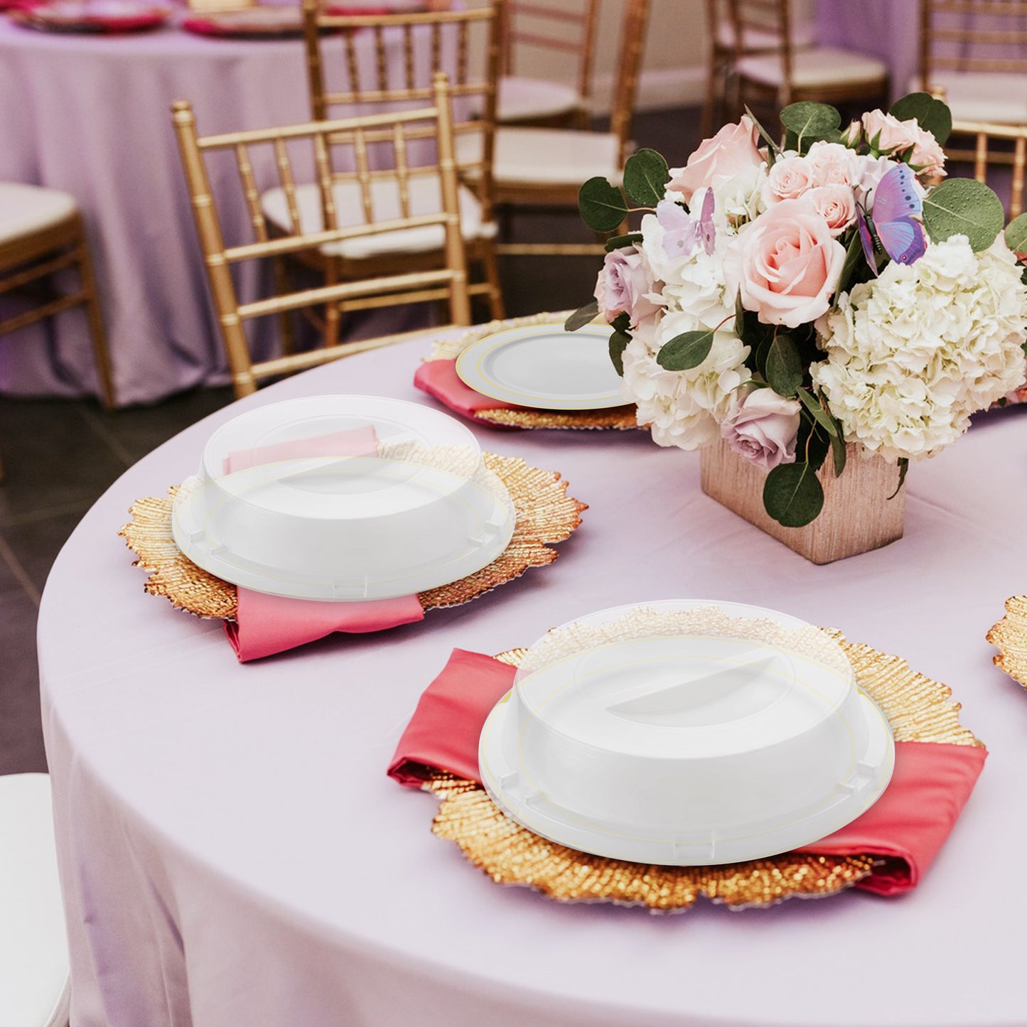 9" Solid White Plastic Buffet Plates with Clear Dome Lids