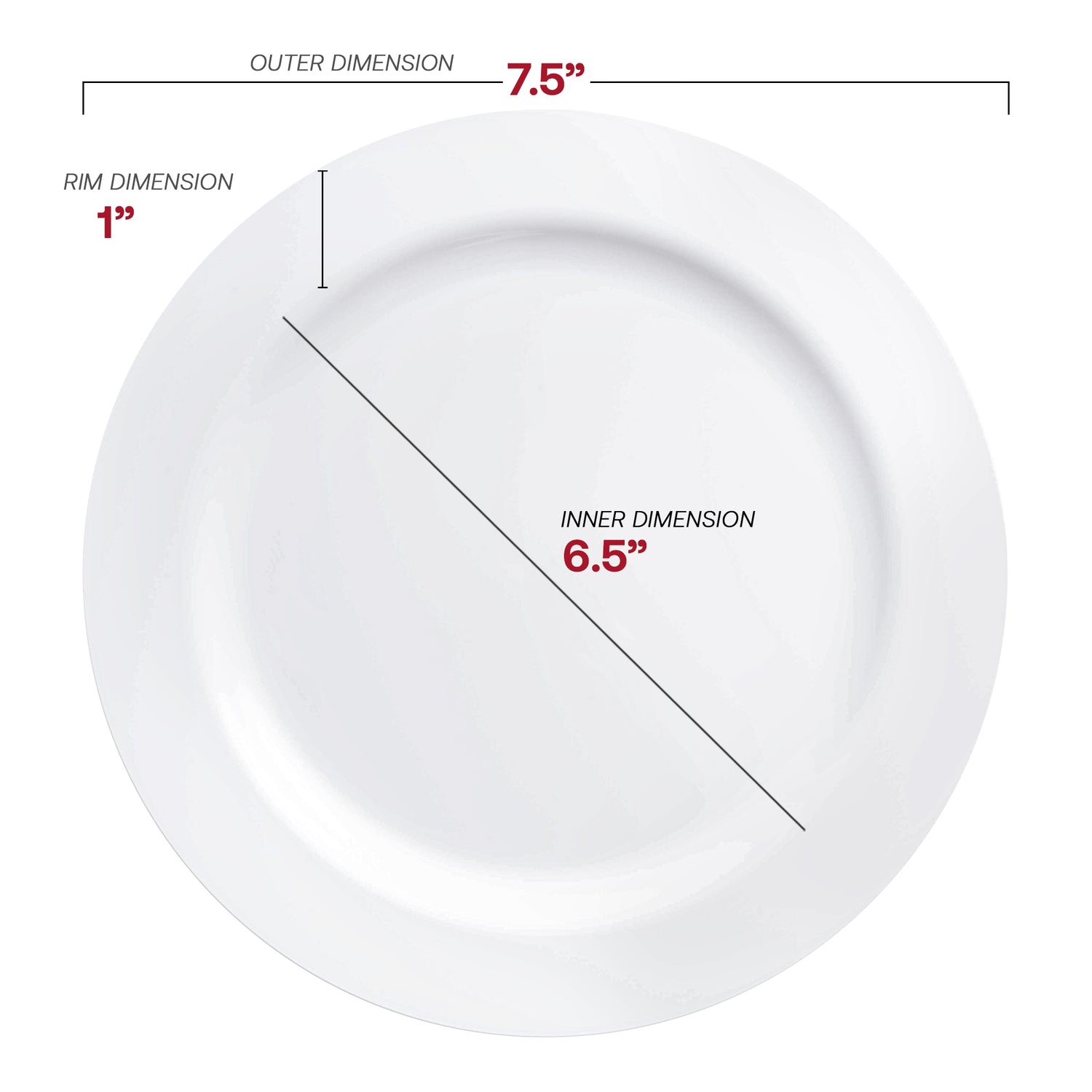Solid White Economy Round Disposable Plastic Appetizer/Salad Plates (7.5") Dimension | The Kaya Collection