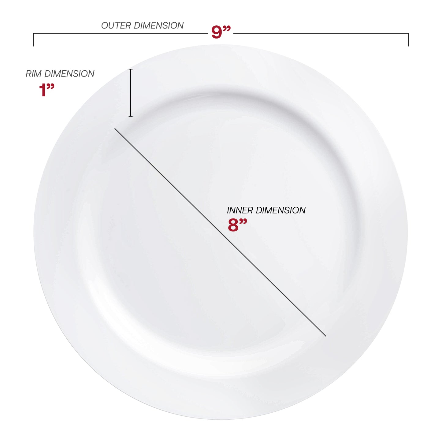 Solid White Economy Round Disposable Plastic Buffet Plates (9") Dimension | The Kaya Collection