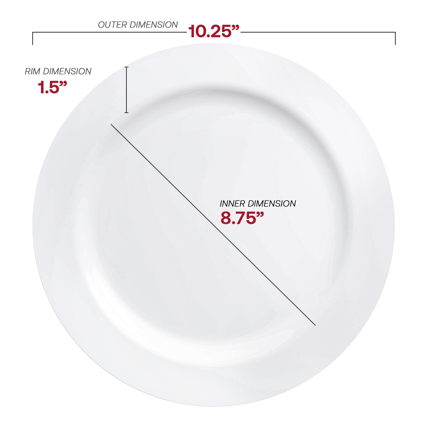 Solid White Economy Round Disposable Plastic Dinner Plates (10.25") Dimension | The Kaya Collection
