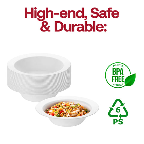 Solid White Edge Rim Round Disposable Plastic Soup Bowls (12 oz.) BPA | The Kaya Collection