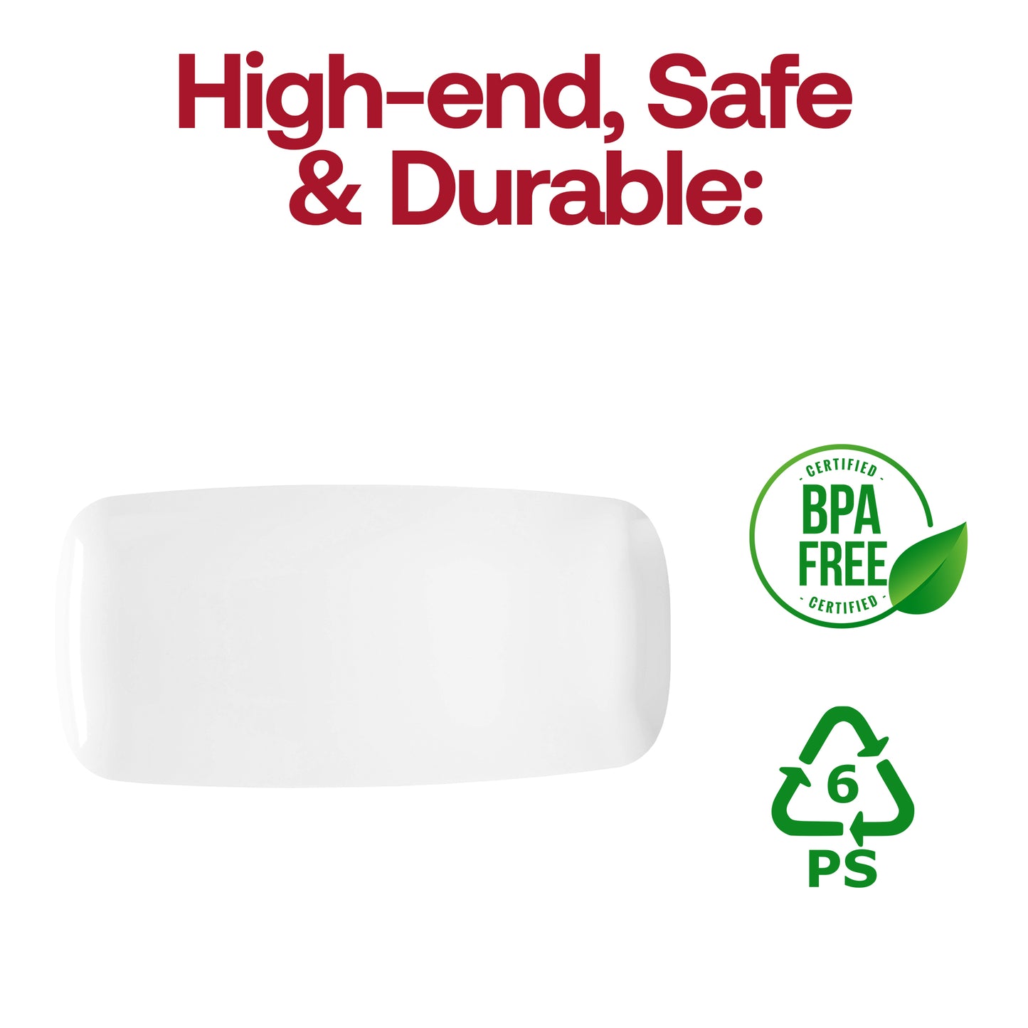 Solid White Flat Raised Edge Rectangular Plastic Plates (10.6" x 5")