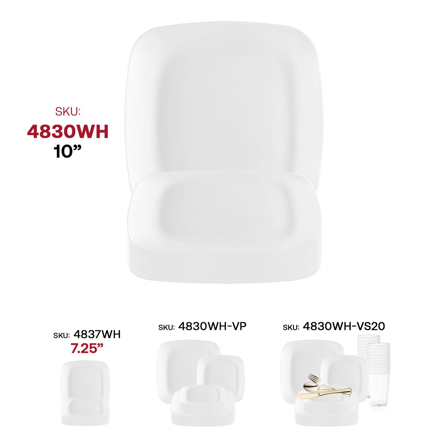 Solid White Flat Rounded Square Plastic Dinner Plates (10")