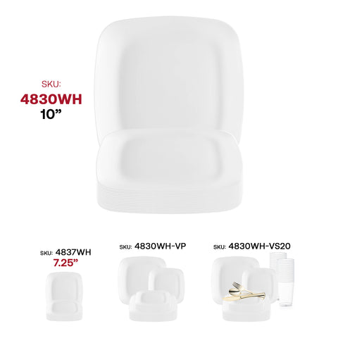 Solid White Flat Rounded Square Plastic Dinner Plates (10