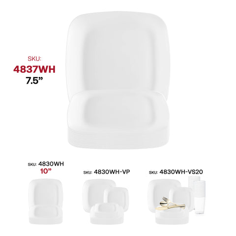 Solid White Flat Rounded Square Plastic Salad Plates (7.25