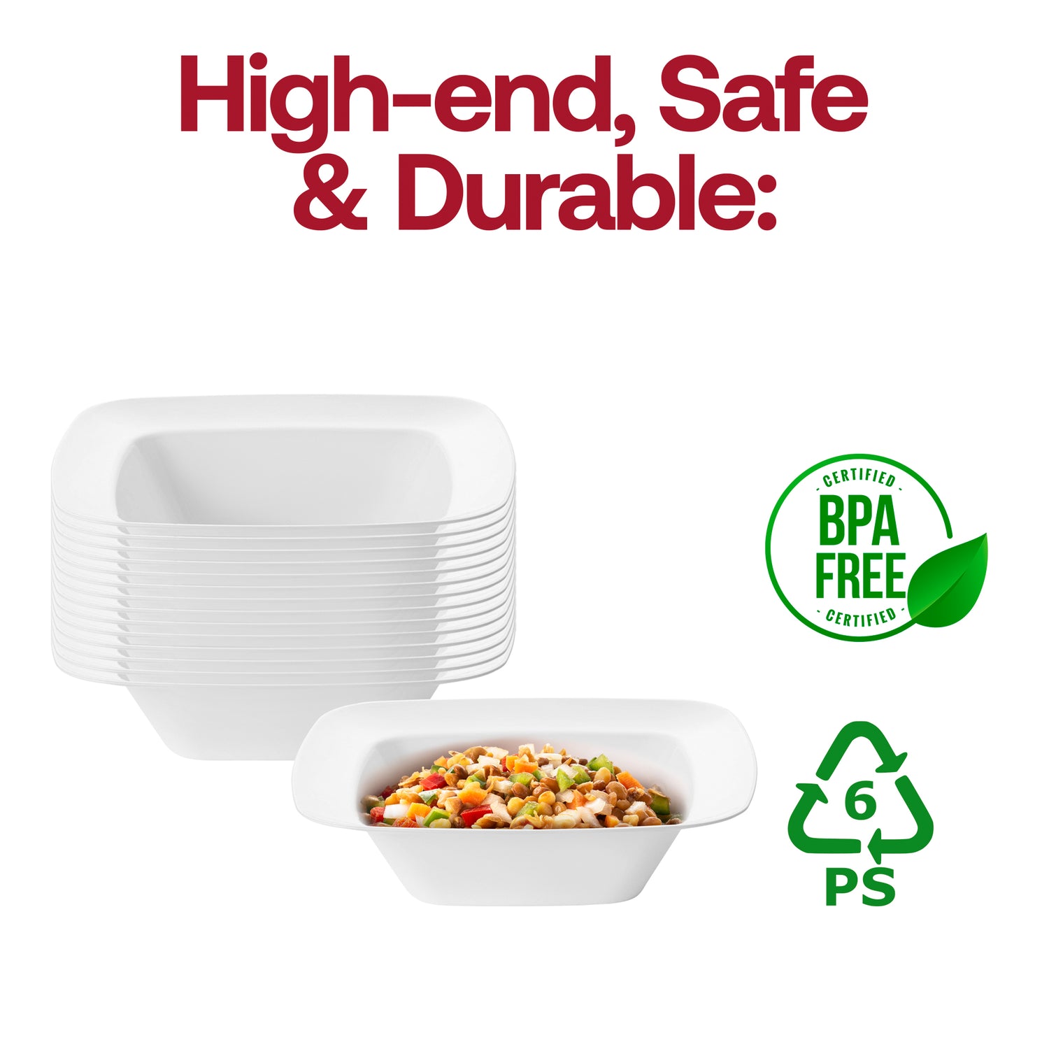 Solid White Rounded Square Disposable Plastic Soup Bowls (12 oz.) BPA | The Kaya Collection
