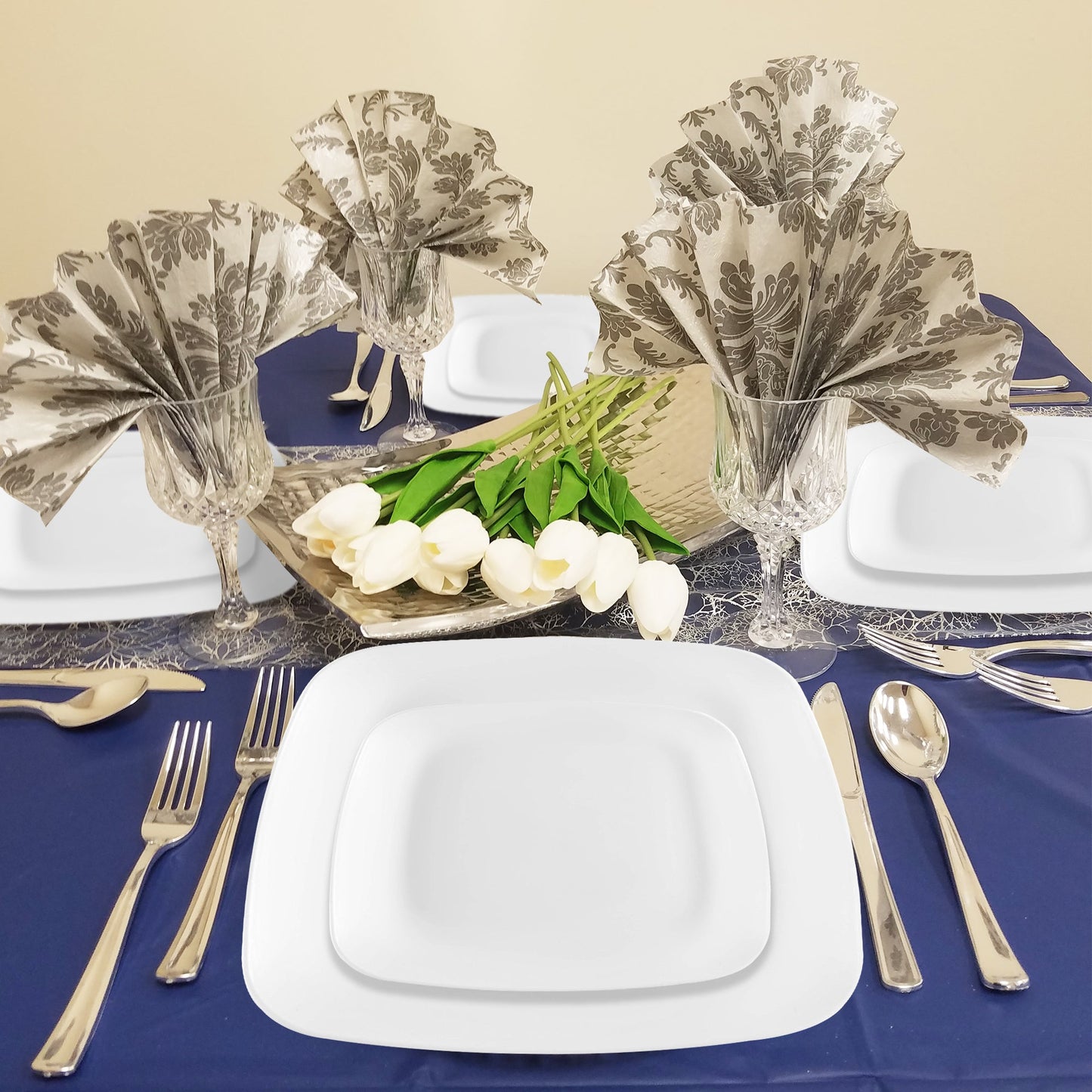 Solid White Flat Rounded Square Disposable Plastic Buffet Plates (8.5")