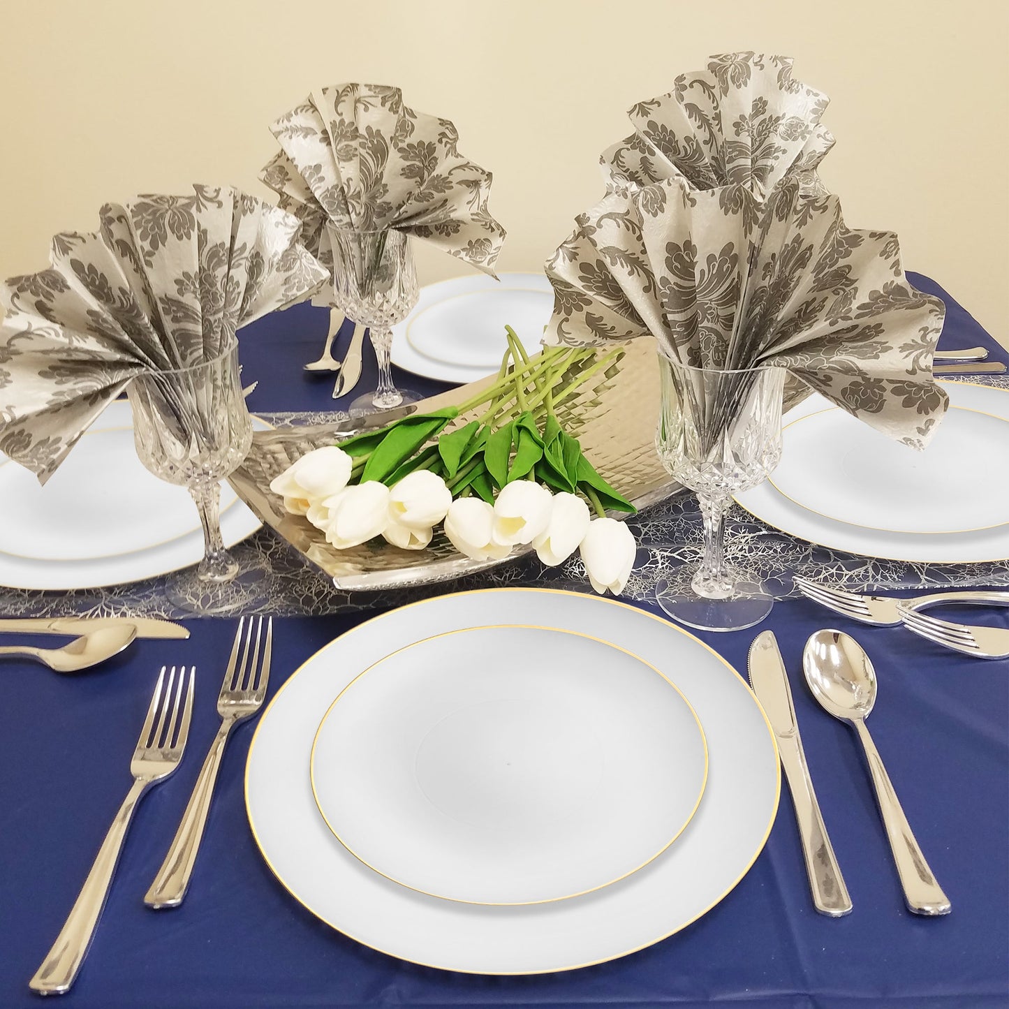 9" White with Gold Organic Plastic Dinner Plates