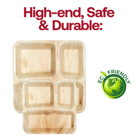 Square Palm Leaf 3-Partition Disposable Eco-Friendly Dinner Plates (10