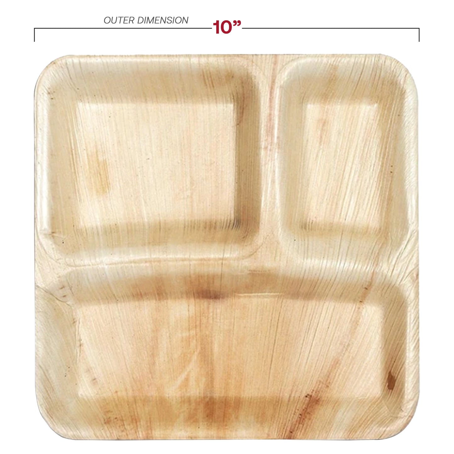 Square Palm Leaf 3-Partition Disposable Eco-Friendly Dinner Plates (10")