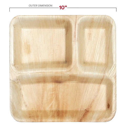 Square Palm Leaf 3-Partition Disposable Eco-Friendly Dinner Plates (10