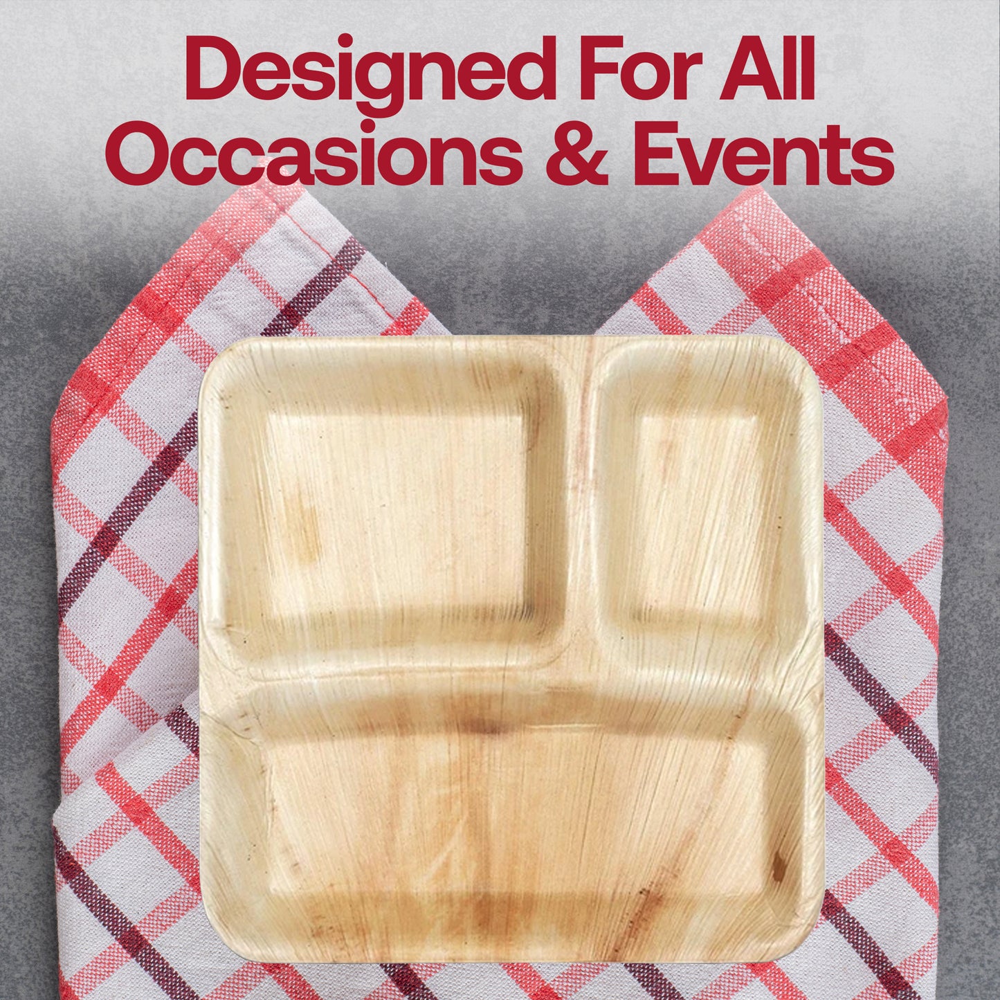 Square Palm Leaf 3-Partition Disposable Eco-Friendly Dinner Plates (10")