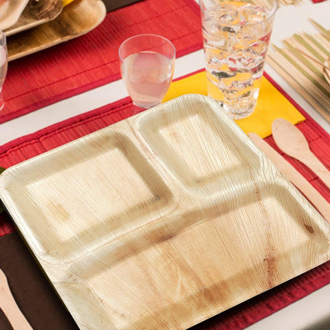 Square Palm Leaf 3-Partition Disposable Eco-Friendly Dinner Plates (10