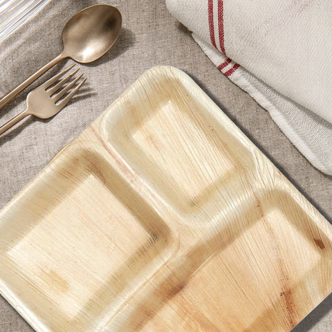 Square Palm Leaf 3-Partition Disposable Eco-Friendly Dinner Plates (10