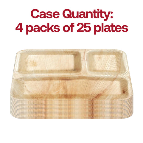 Square Palm Leaf 3-Partition Disposable Eco-Friendly Dinner Plates (10