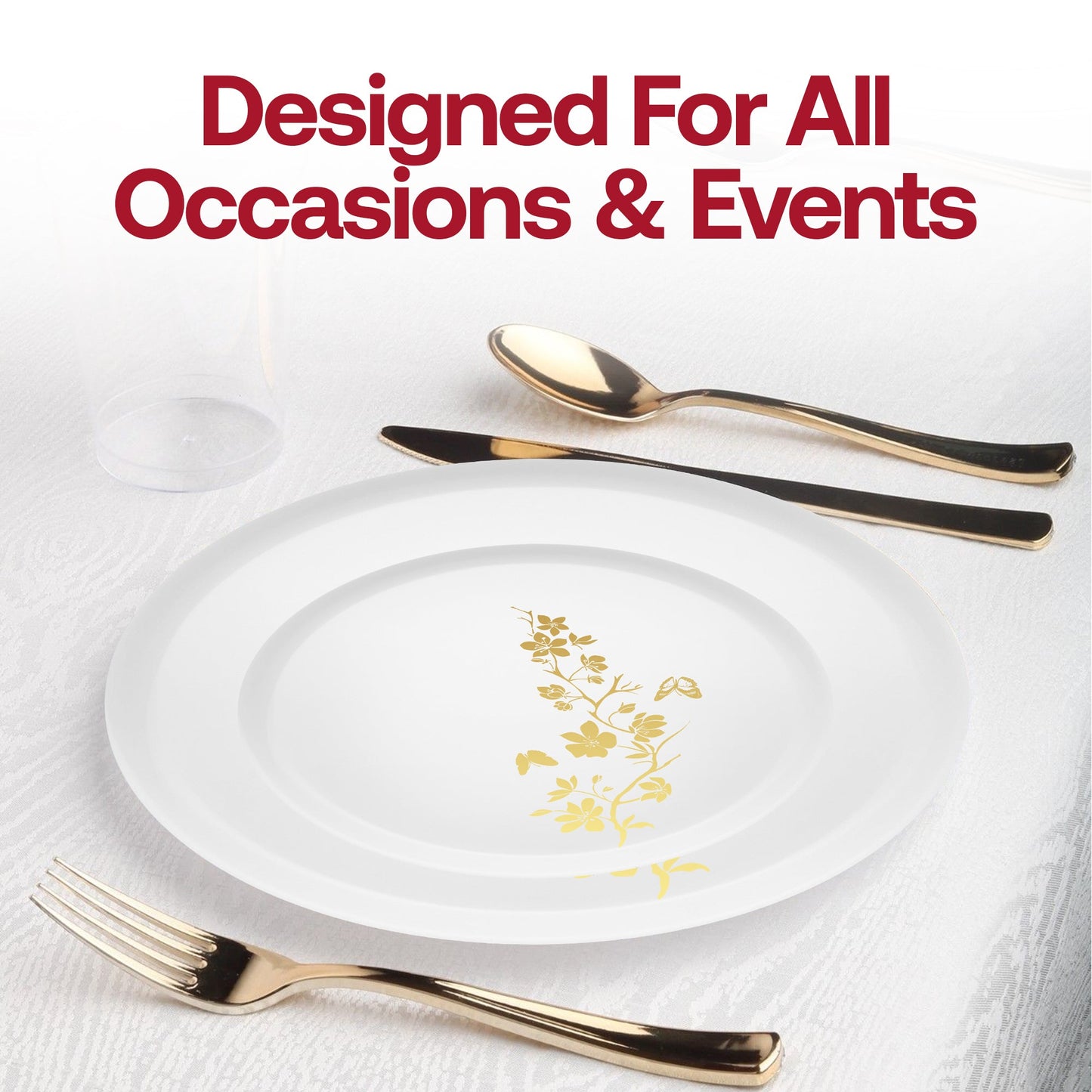 White with Gold Floral Round Plastic Dinner Plates (10")