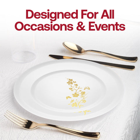 White with Gold Floral Round Plastic Dinner Plates (10