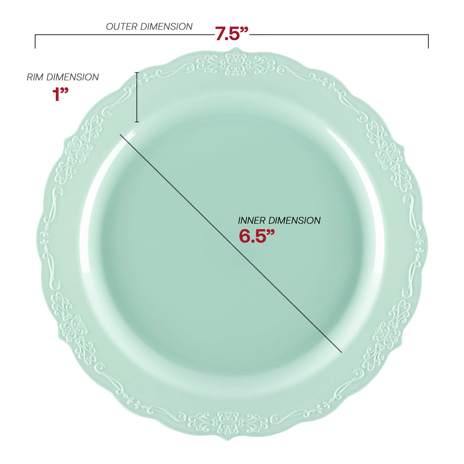 Turquoise Vintage Round Disposable Plastic Appetizer/Salad Plates (7.5") Dimension | The Kaya Collection