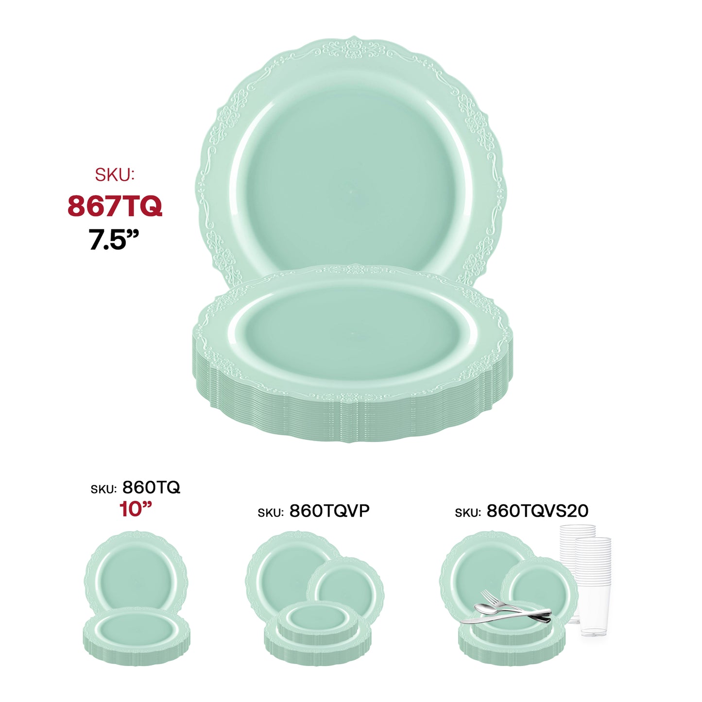 Turquoise Vintage Round Disposable Plastic Appetizer/Salad Plates (7.5") SKU | The Kaya Collection