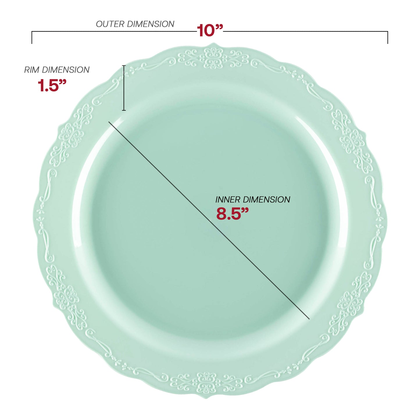 Turquoise Vintage Round Disposable Plastic Dinner Plates (10") Dimension | The Kaya Collection