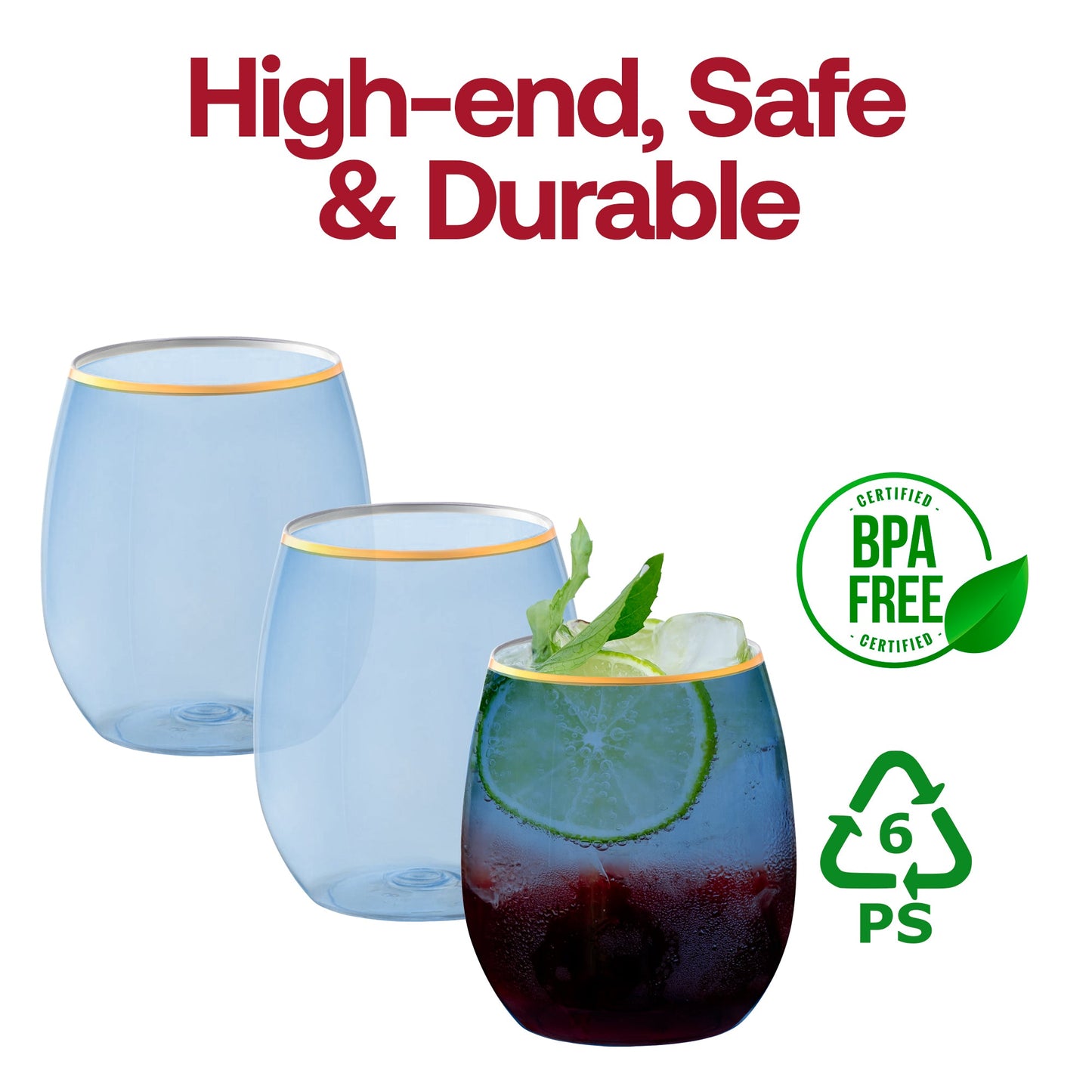 12 oz Clear Blue with Gold Elegant Stemless Plastic Wine Glasses