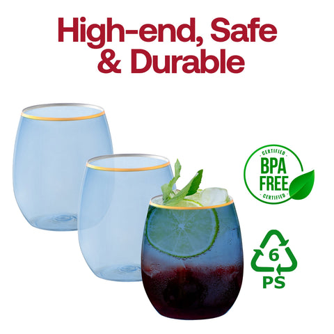 12 oz Clear Blue with Gold Elegant Stemless Plastic Wine Glasses