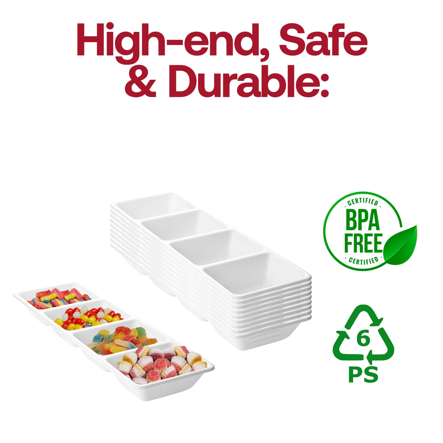 16" x 5" White 4-Section Rectangular Plastic Disposable Trays