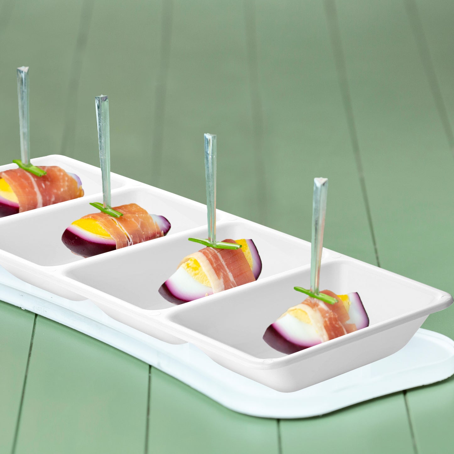 16" x 5" White 4-Section Rectangular Plastic Disposable Trays