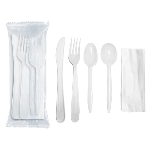 White Disposable Plastic Cutlery Set with Napkin - Fork, Soup Spoon, Knife, Teaspoon, Napkin | Kaya Collection