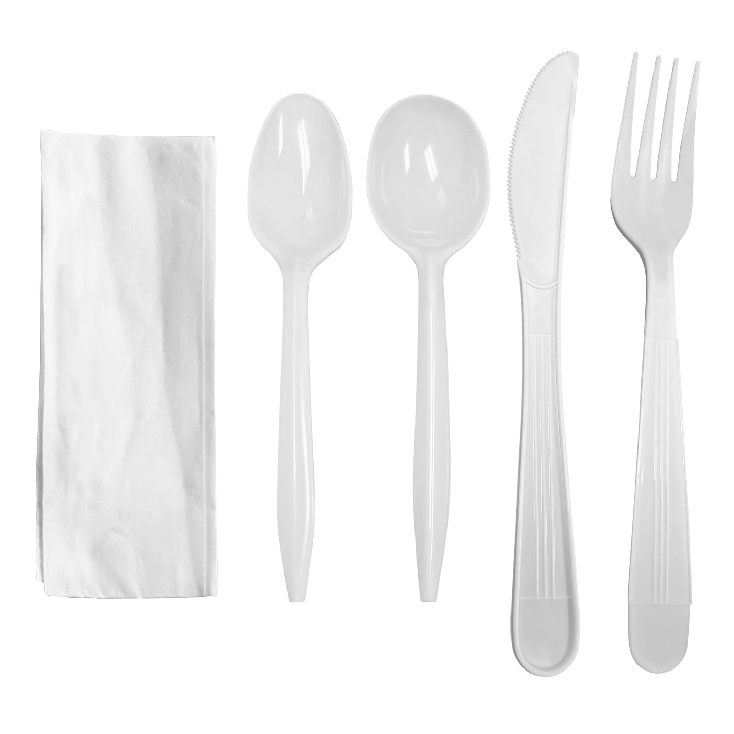White Plastic Cutlery Set with Napkin - Fork, Soup Spoon, Knife, Teaspoon, Napkin | Kaya Collection