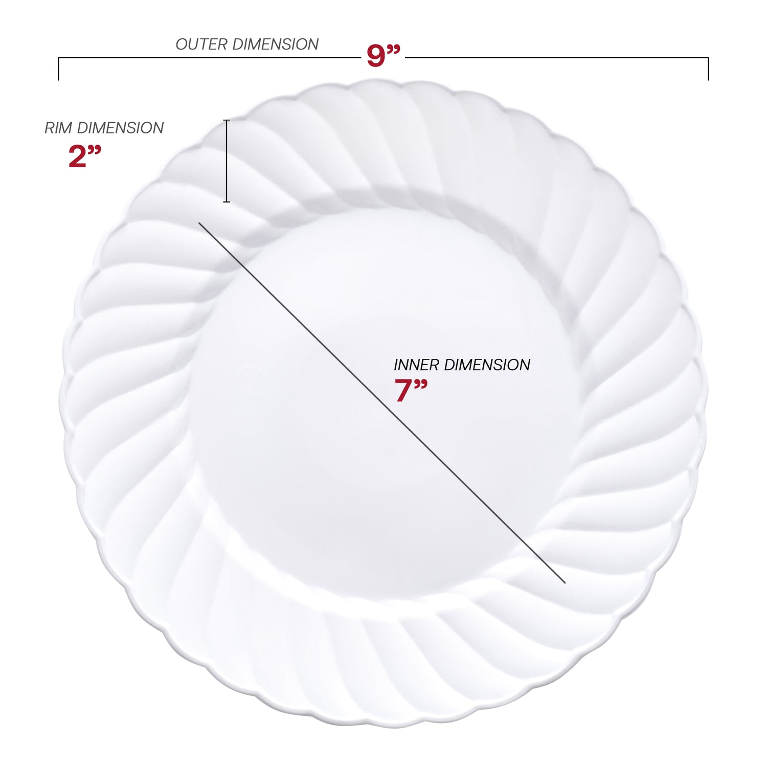 White Flair Plastic Buffet Plates (9") Dimension | The Kaya Collection