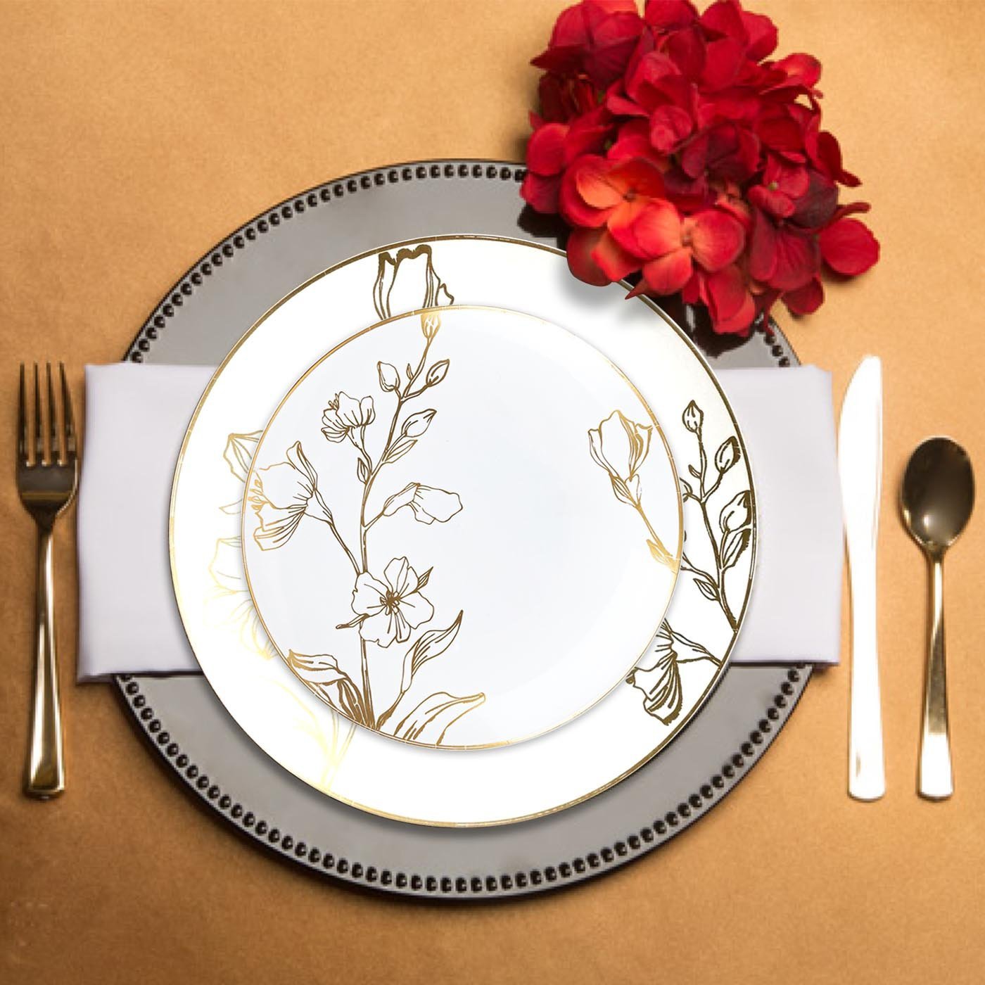 White with Gold Antique Floral Round Plastic Disposable Dinner Plates (10.25")