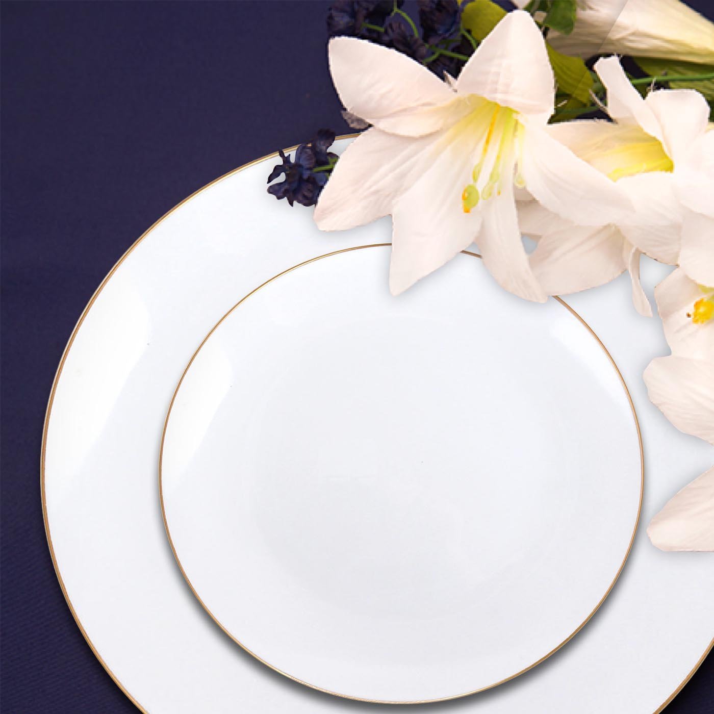 White with Gold Rim Organic Round Plastic Disposable Dinner Plates (10.25")
