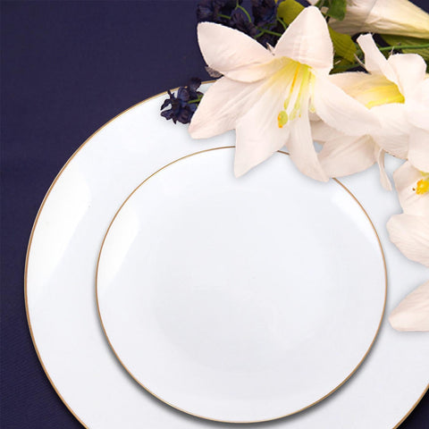 White with Gold Rim Organic Round Plastic Disposable Dinner Plates (10.25