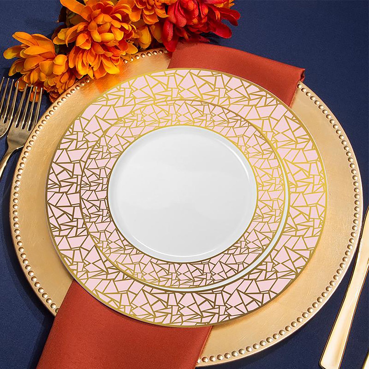 White with Pink and Gold Mosaic Rim Round Disposable Plastic Dinner Plates (10.25")