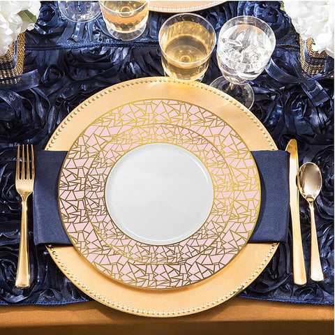 White with Pink and Gold Mosaic Rim Round Disposable Plastic Dinner Plates (10.25