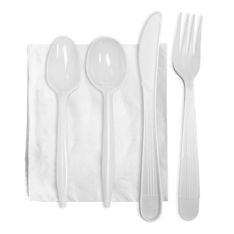 White Disposable Plastic Cutlery Set with Napkin - Fork, Soup Spoon, Knife, Teaspoon, Napkins | Kaya Collection