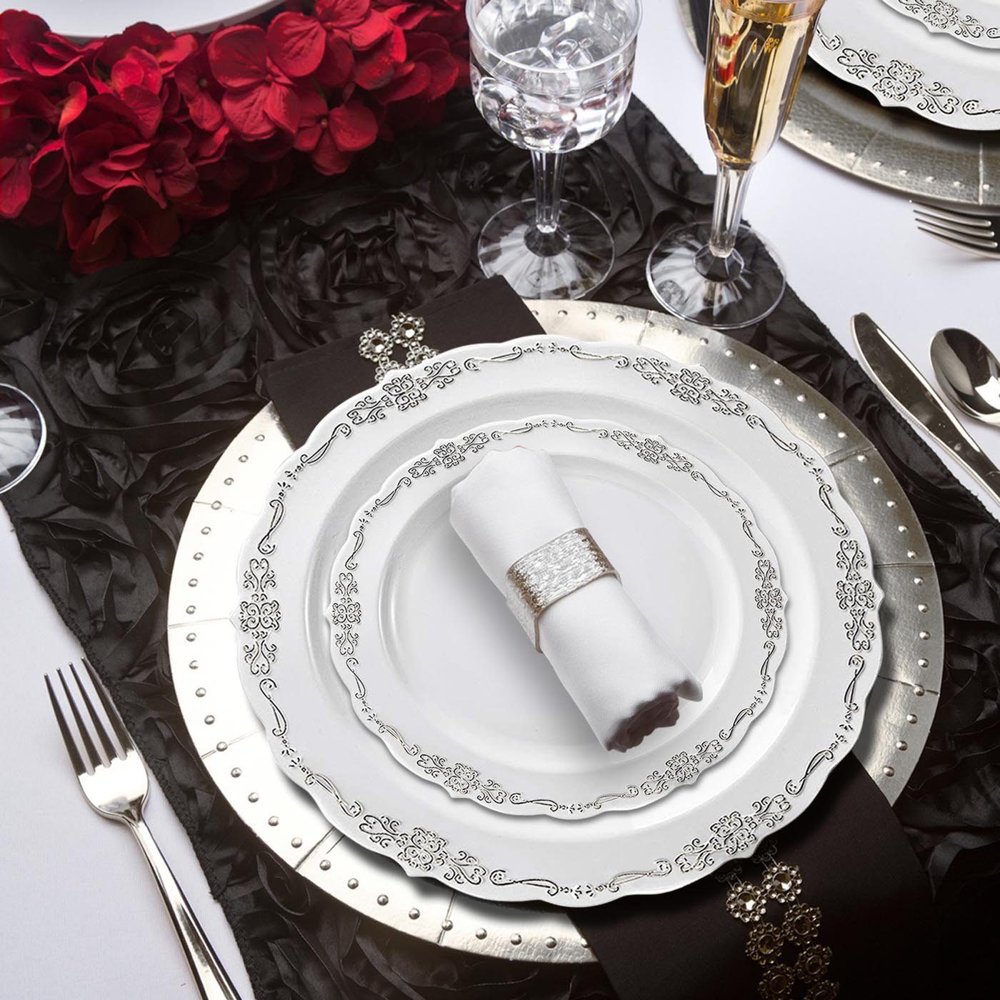 White with Silver Vintage Rim Round Plastic Disposable Dinner Plates (10")